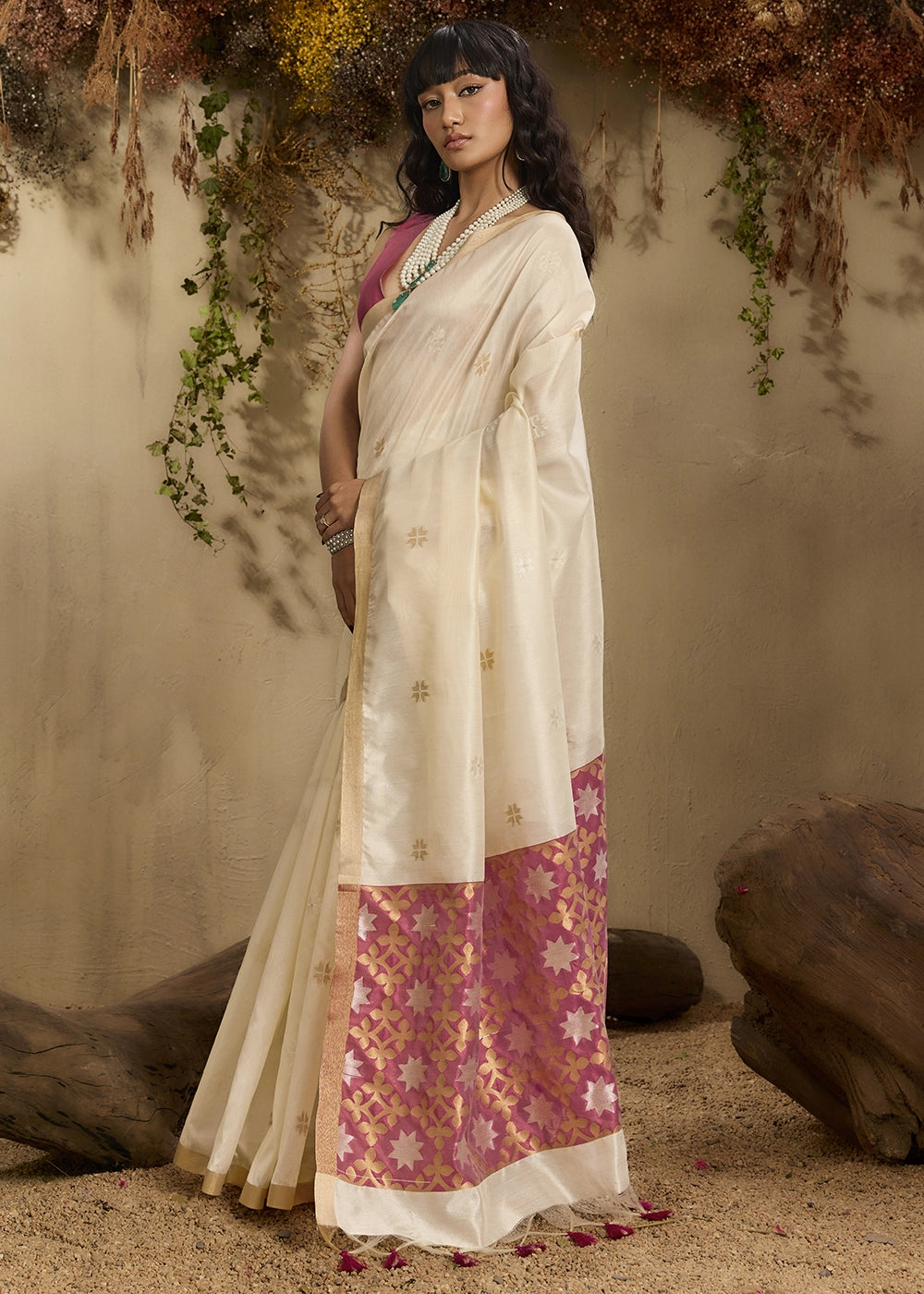 Cream White Tussar Silk Saree with Handwoven Detailing