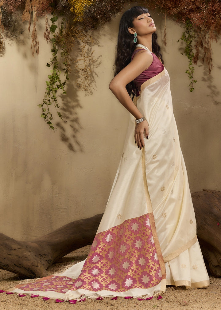Cream White Tussar Silk Saree with Handwoven Detailing