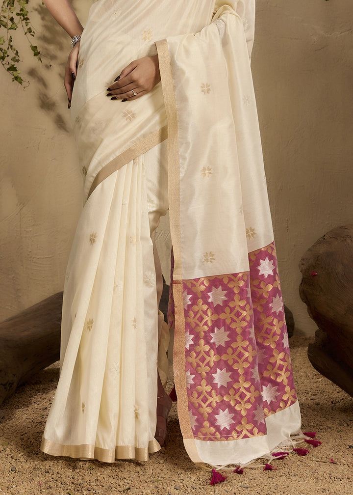 Cream White Tussar Silk Saree with Handwoven Detailing
