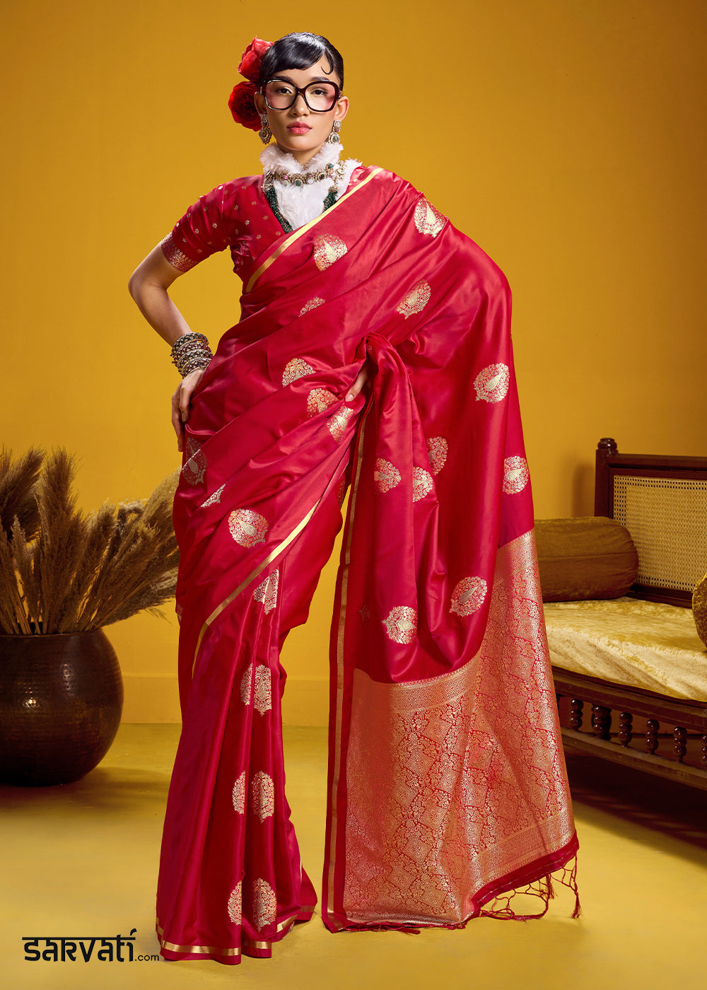 Rani Pink Satin Handloom Weaving Saree with Blouse