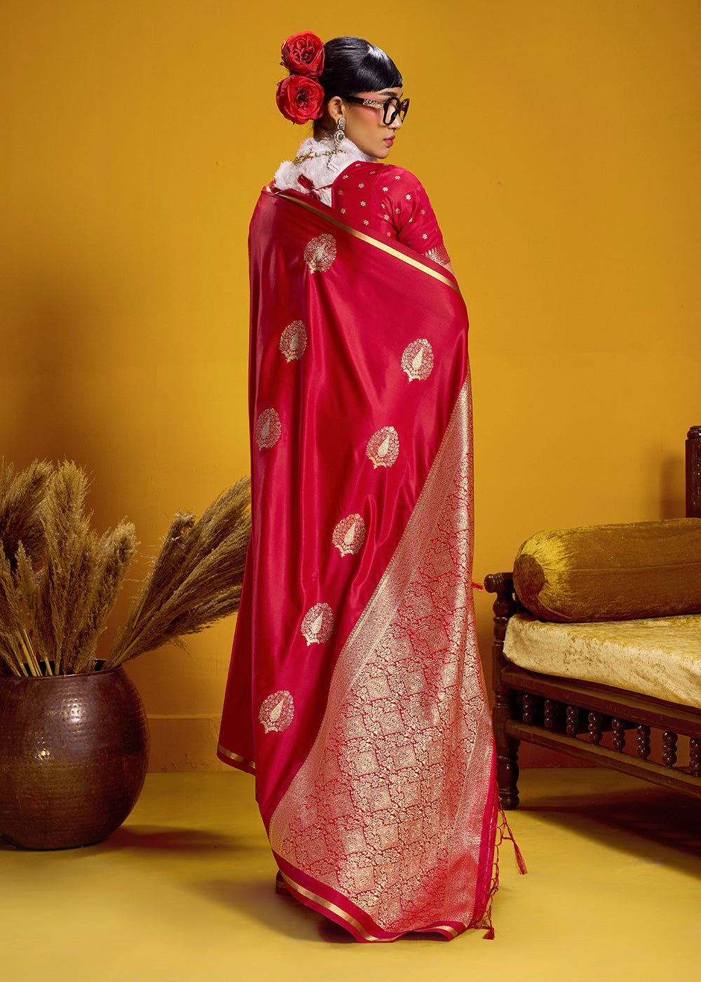 Rani Pink Satin Handloom Weaving Saree with Blouse