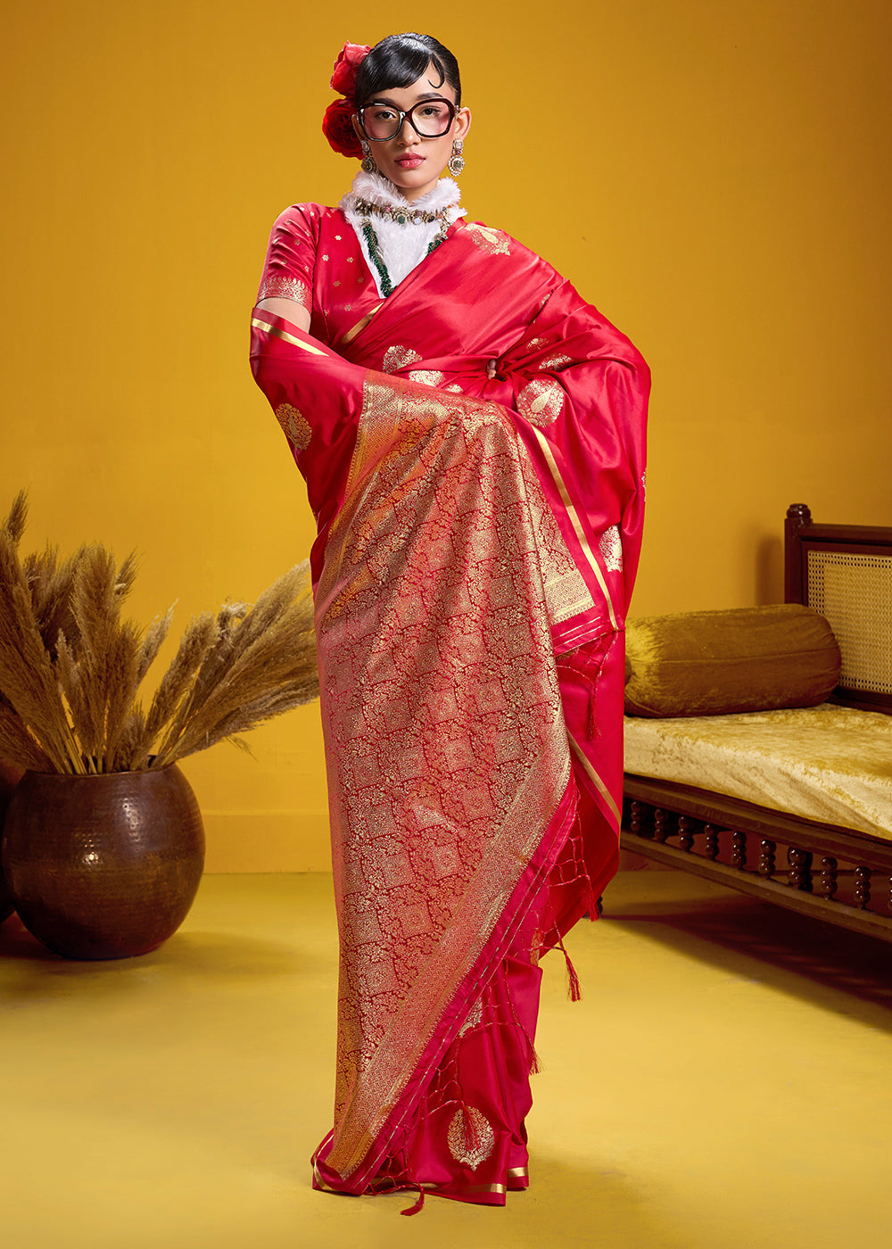 Rani Pink Satin Handloom Weaving Saree with Blouse