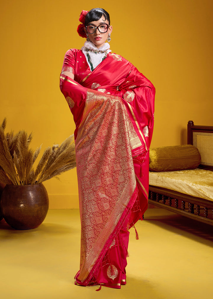 Rani Pink Satin Handloom Weaving Saree with Blouse