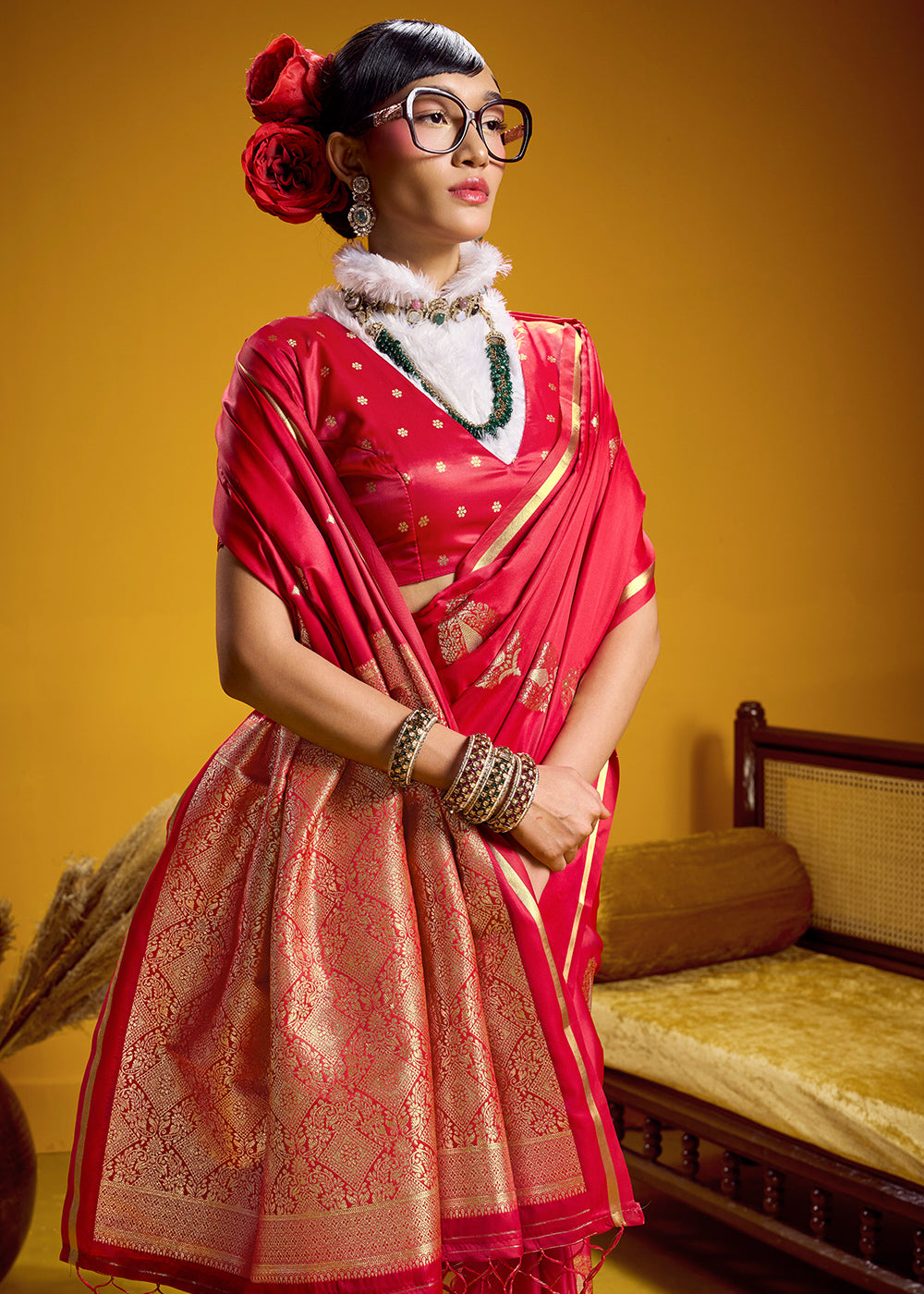 Rani Pink Satin Handloom Weaving Saree with Blouse