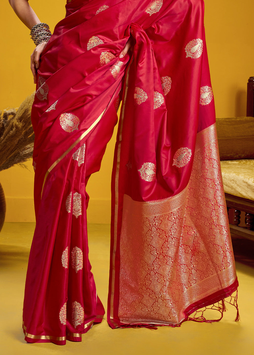 Rani Pink Satin Handloom Weaving Saree with Blouse