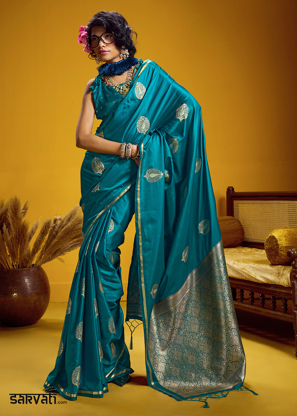 Teal Blue Satin Handloom Weaving Saree with Blouse