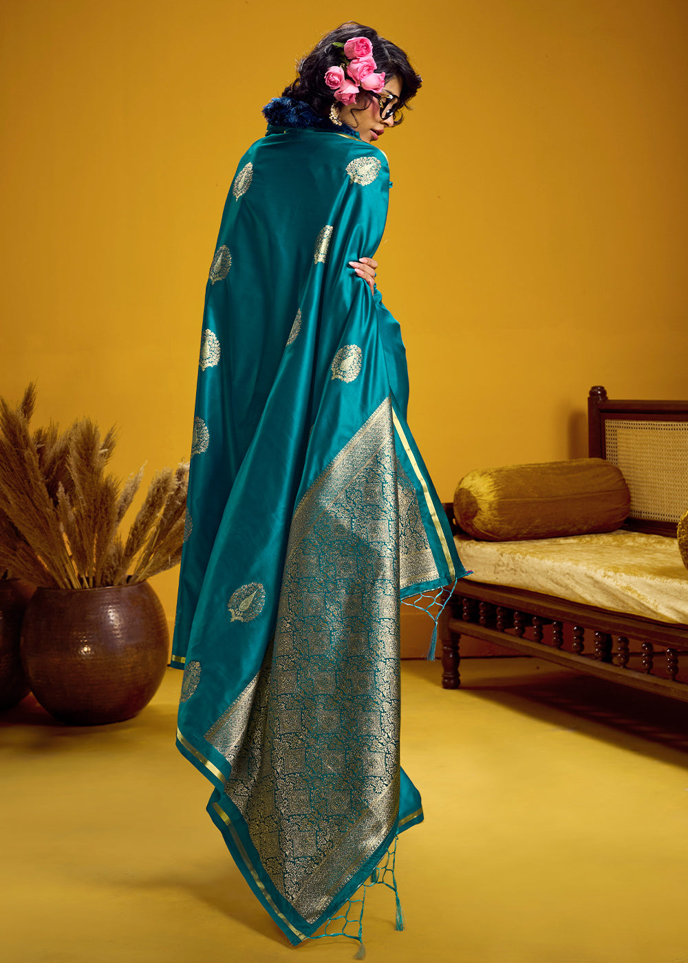Teal Blue Satin Handloom Weaving Saree with Blouse