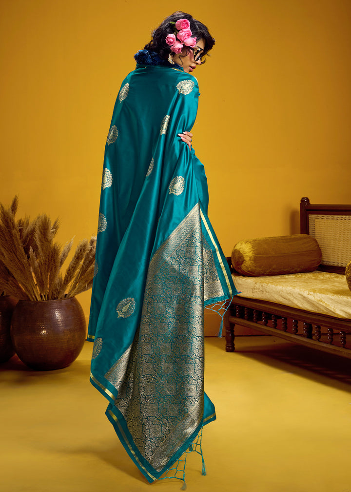 Teal Blue Satin Handloom Weaving Saree with Blouse