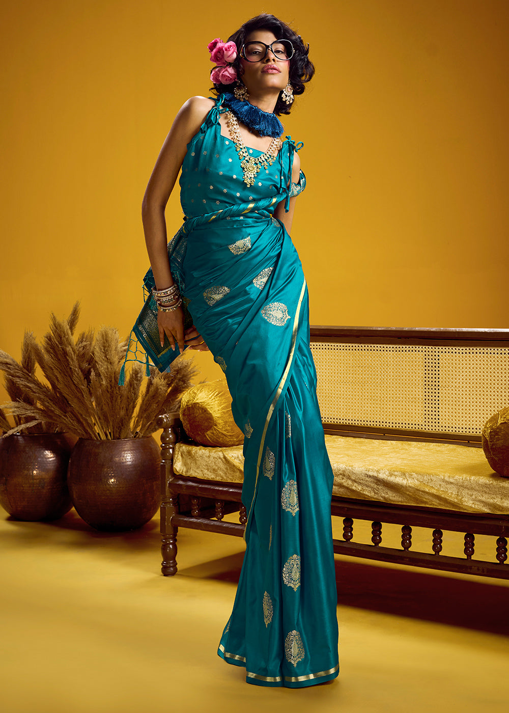 Teal Blue Satin Handloom Weaving Saree with Blouse
