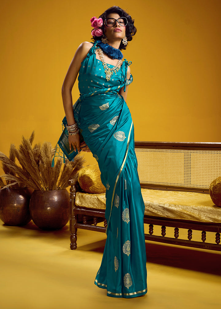 Teal Blue Satin Handloom Weaving Saree with Blouse