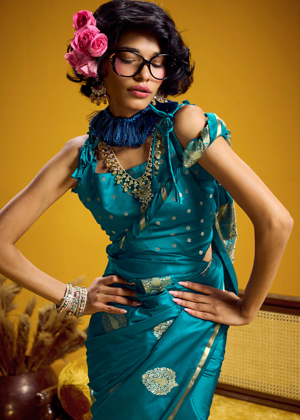 Teal Blue Satin Handloom Weaving Saree with Blouse