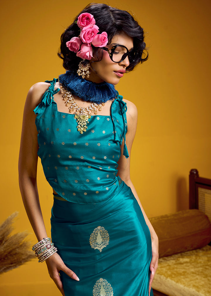 Teal Blue Satin Handloom Weaving Saree with Blouse