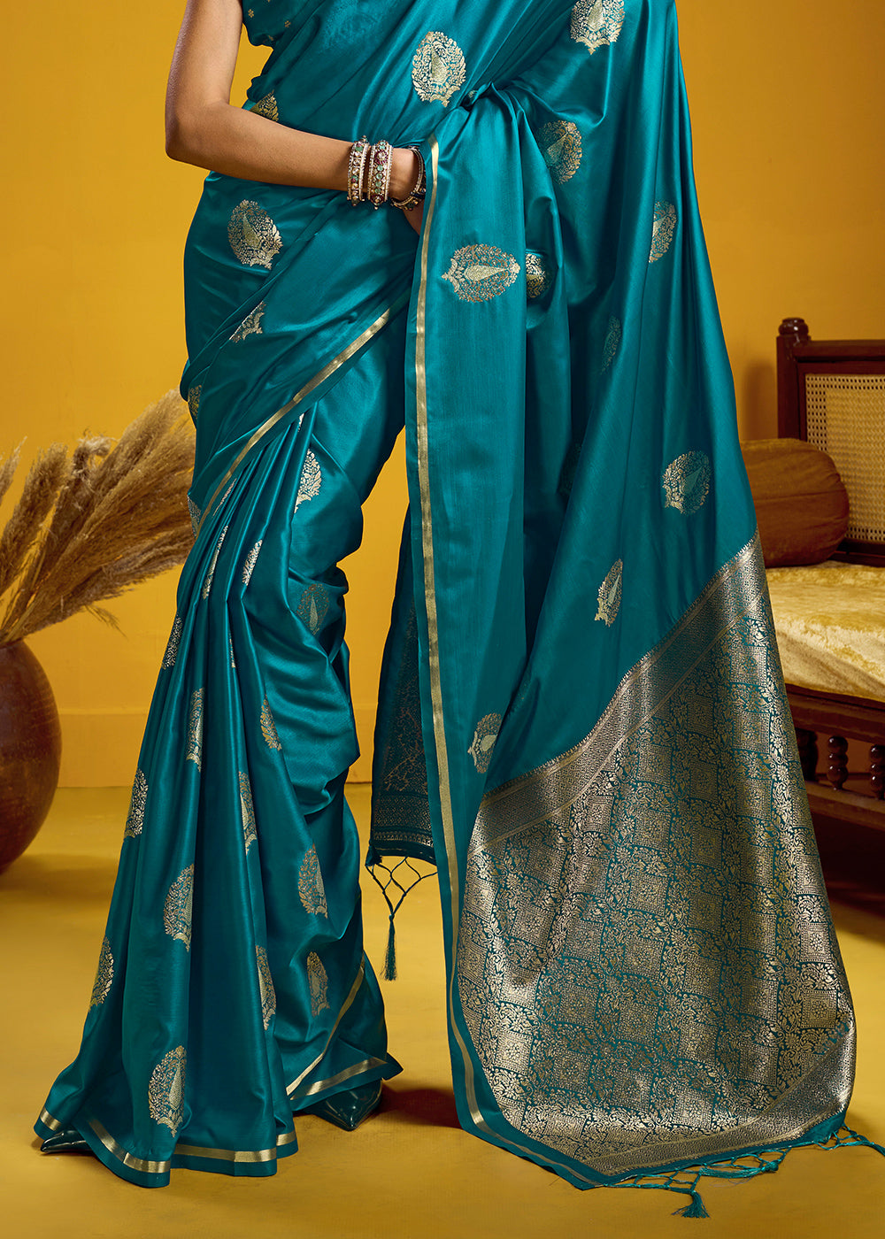 Teal Blue Satin Handloom Weaving Saree with Blouse