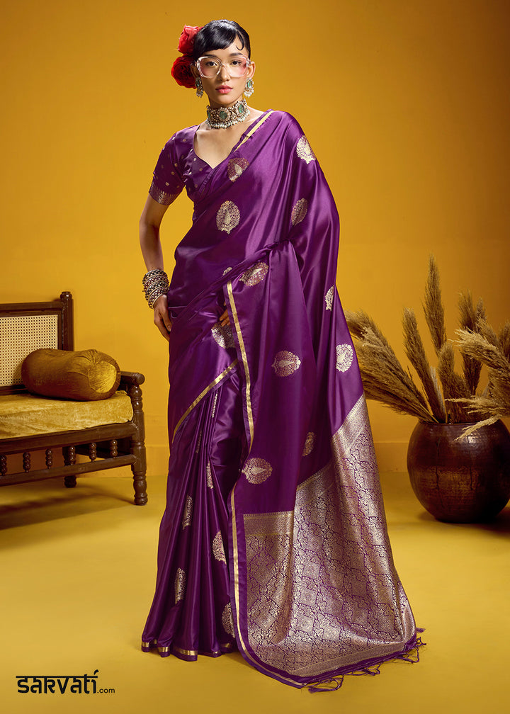 Royal Purple Satin Handloom Weaving Saree with Blouse