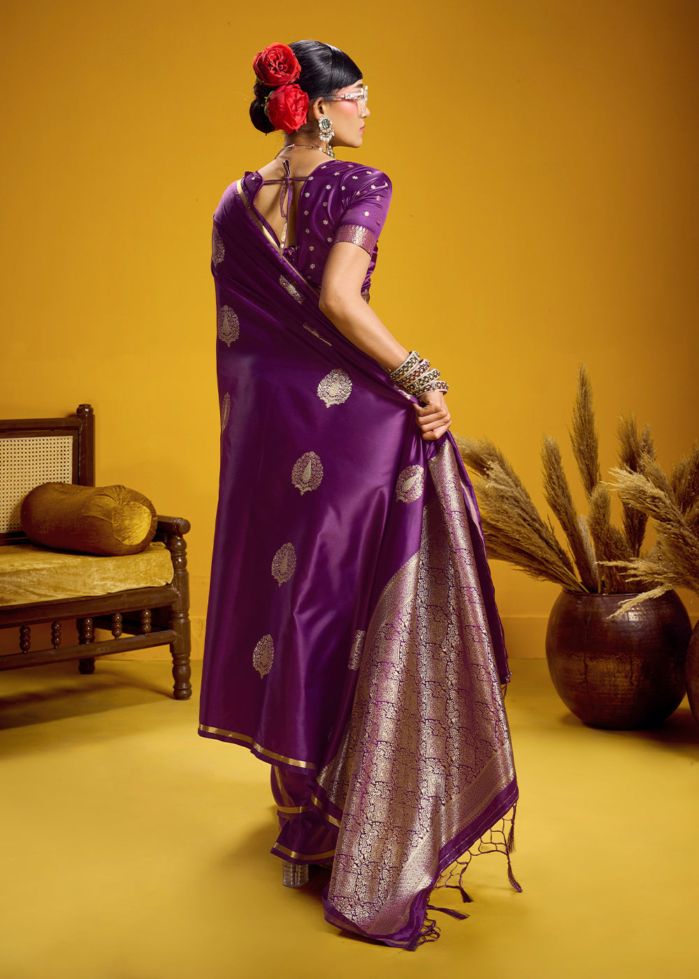 Royal Purple Satin Handloom Weaving Saree with Blouse