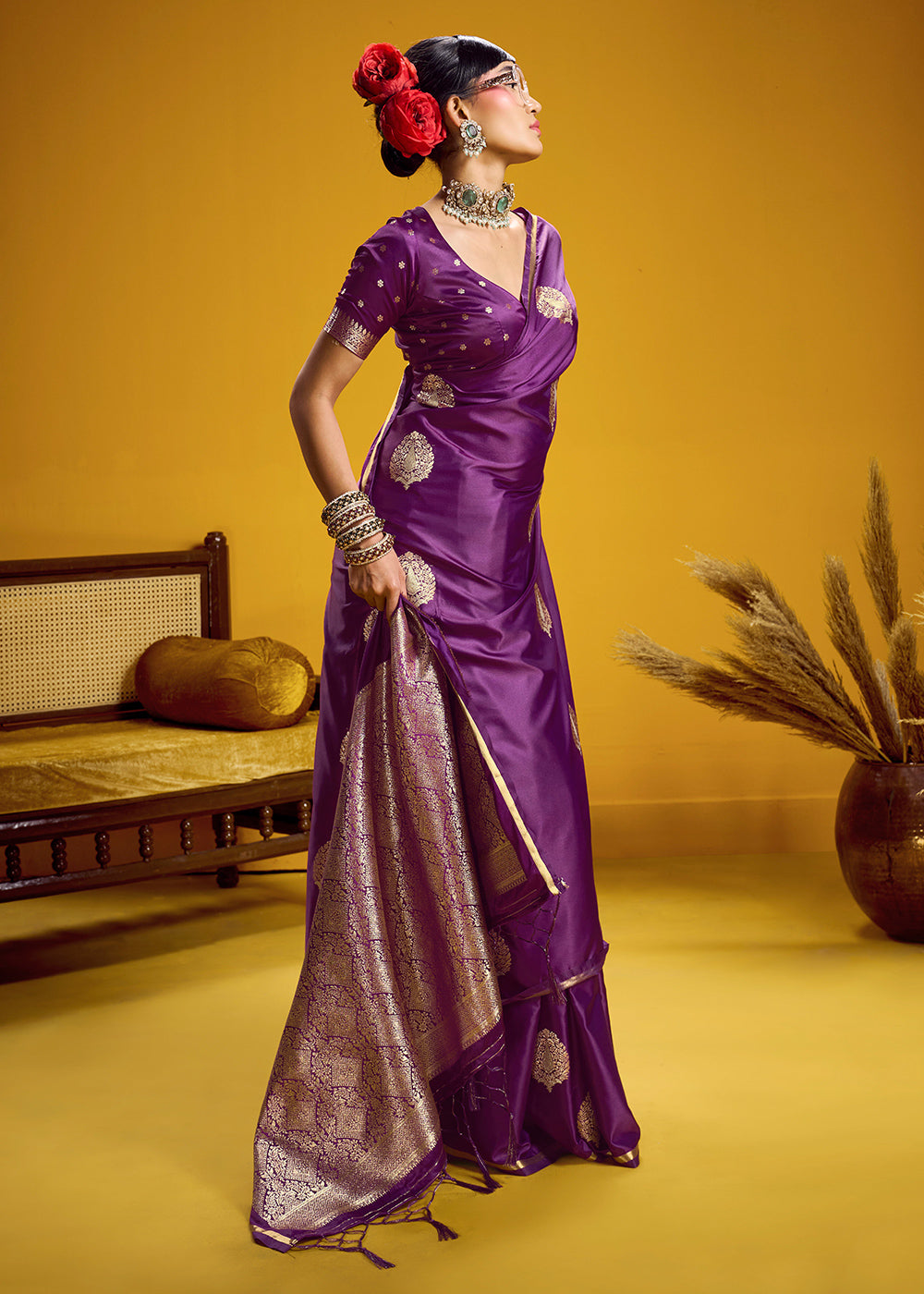 Royal Purple Satin Handloom Weaving Saree with Blouse