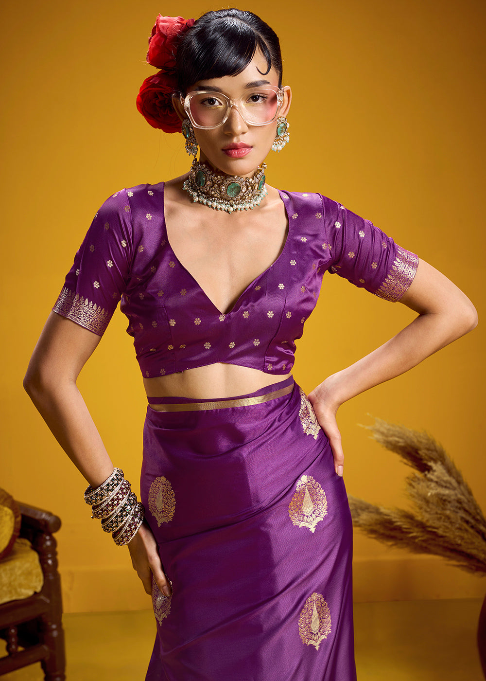 Royal Purple Satin Handloom Weaving Saree with Blouse