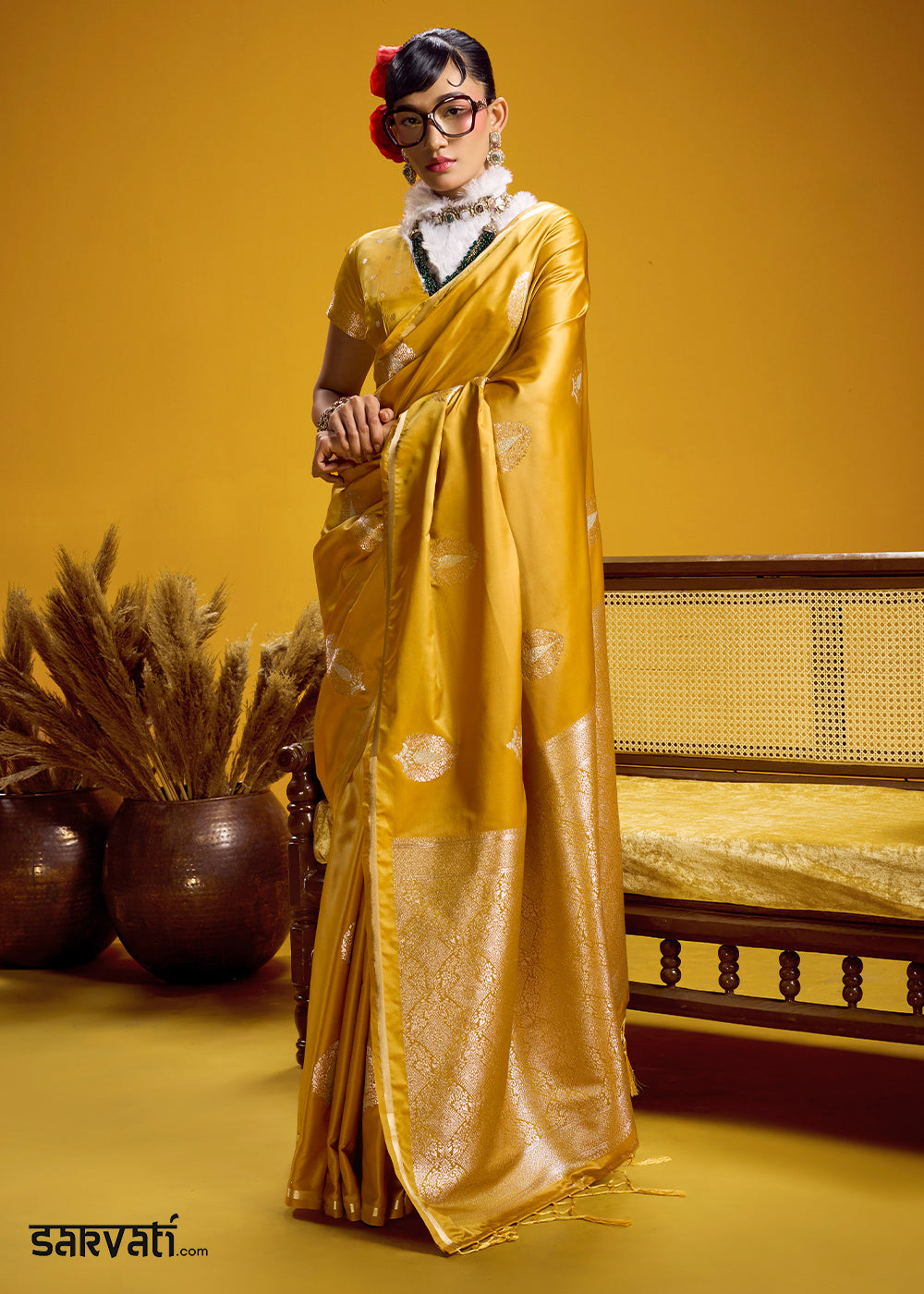 Mustard Gold Satin Handloom Weaving Saree with Blouse