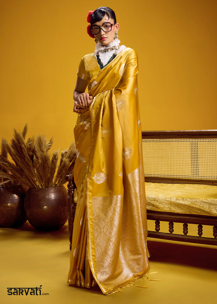 Mustard Gold Satin Handloom Weaving Saree with Blouse