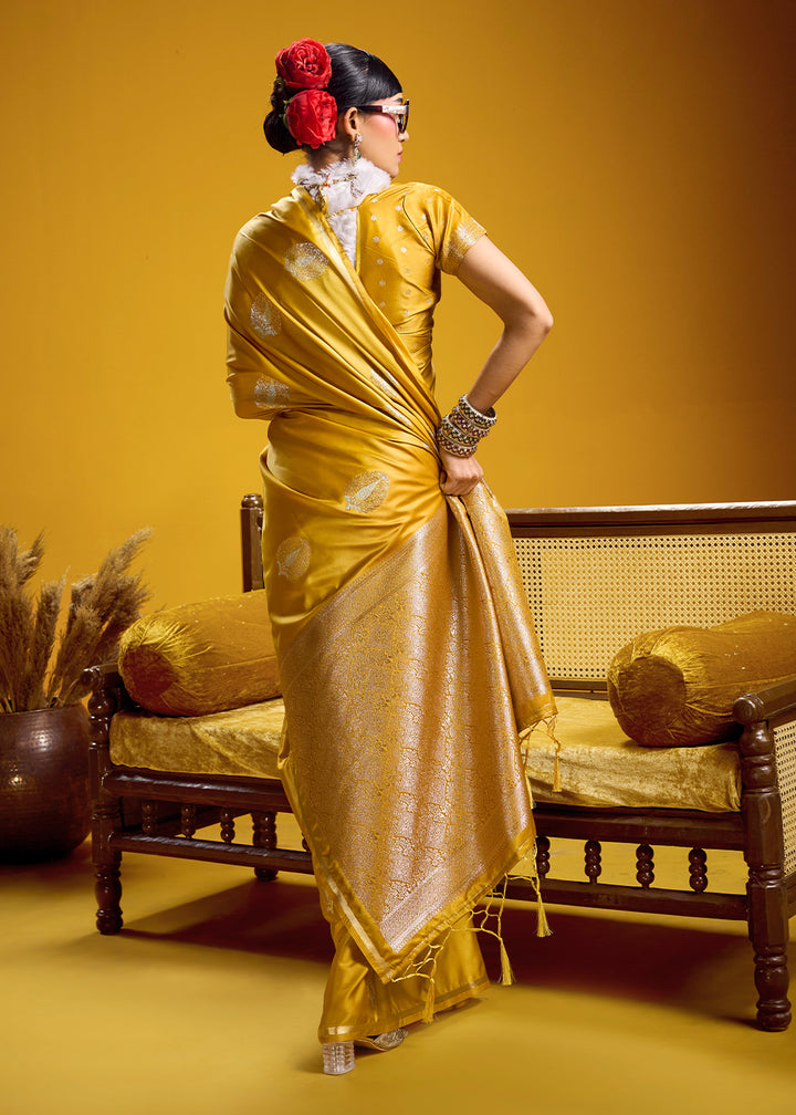 Mustard Gold Satin Handloom Weaving Saree with Blouse