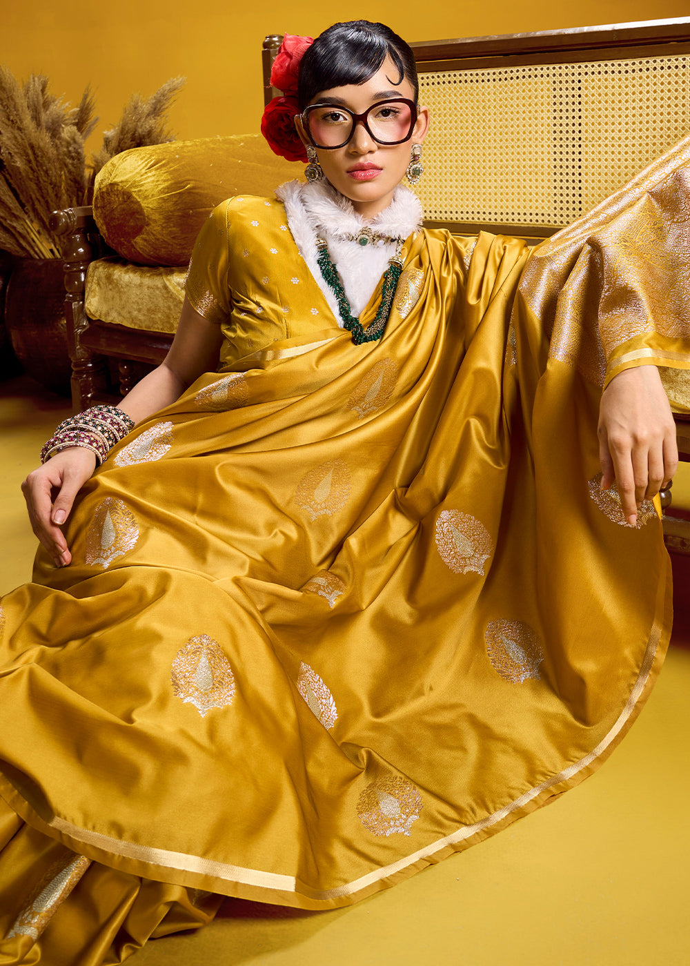 Mustard Gold Satin Handloom Weaving Saree with Blouse