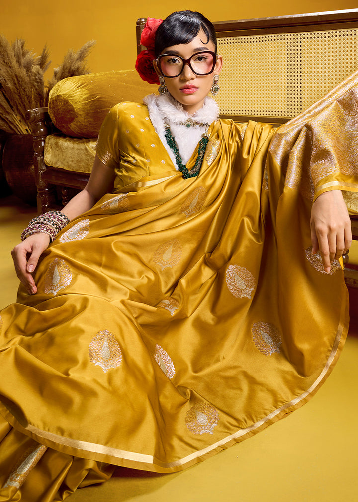 Mustard Gold Satin Handloom Weaving Saree with Blouse