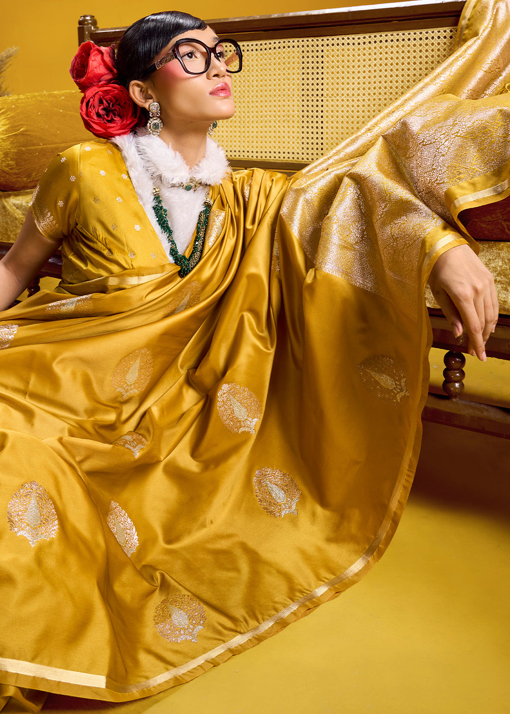 Mustard Gold Satin Handloom Weaving Saree with Blouse