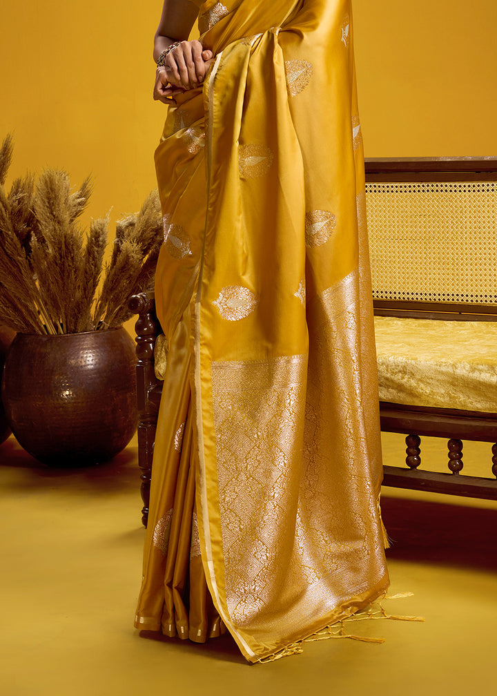 Mustard Gold Satin Handloom Weaving Saree with Blouse