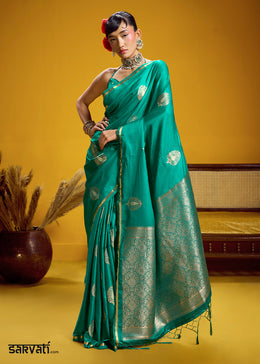Sea Green Satin Handloom Weaving Saree with Blouse