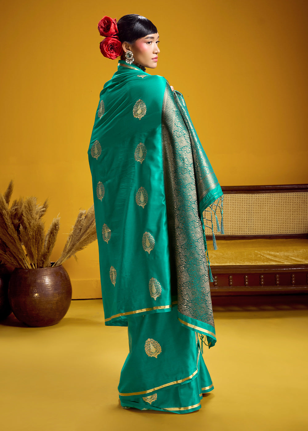Sea Green Satin Handloom Weaving Saree with Blouse