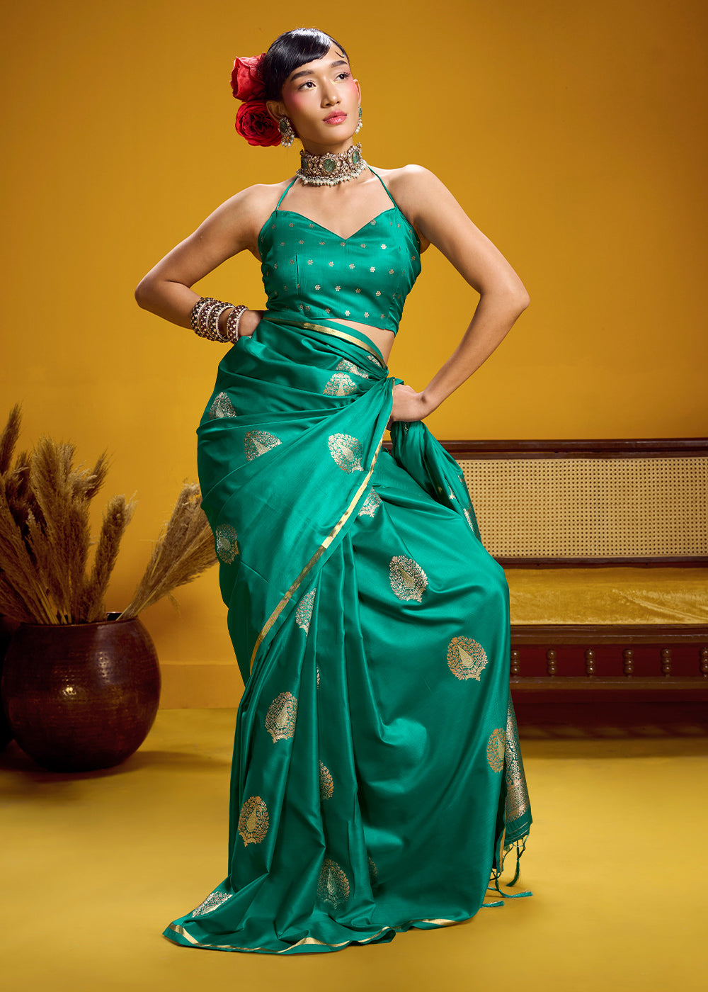 Sea Green Satin Handloom Weaving Saree with Blouse