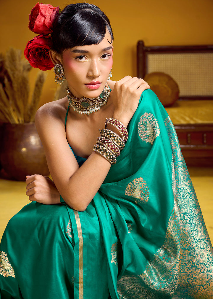 Sea Green Satin Handloom Weaving Saree with Blouse