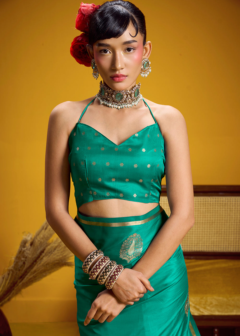 Sea Green Satin Handloom Weaving Saree with Blouse