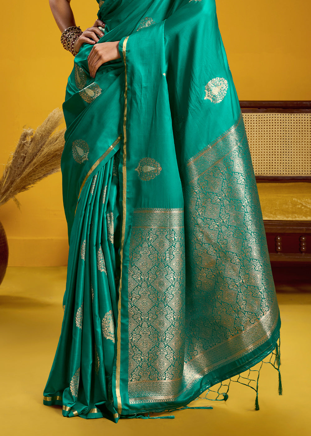 Sea Green Satin Handloom Weaving Saree with Blouse
