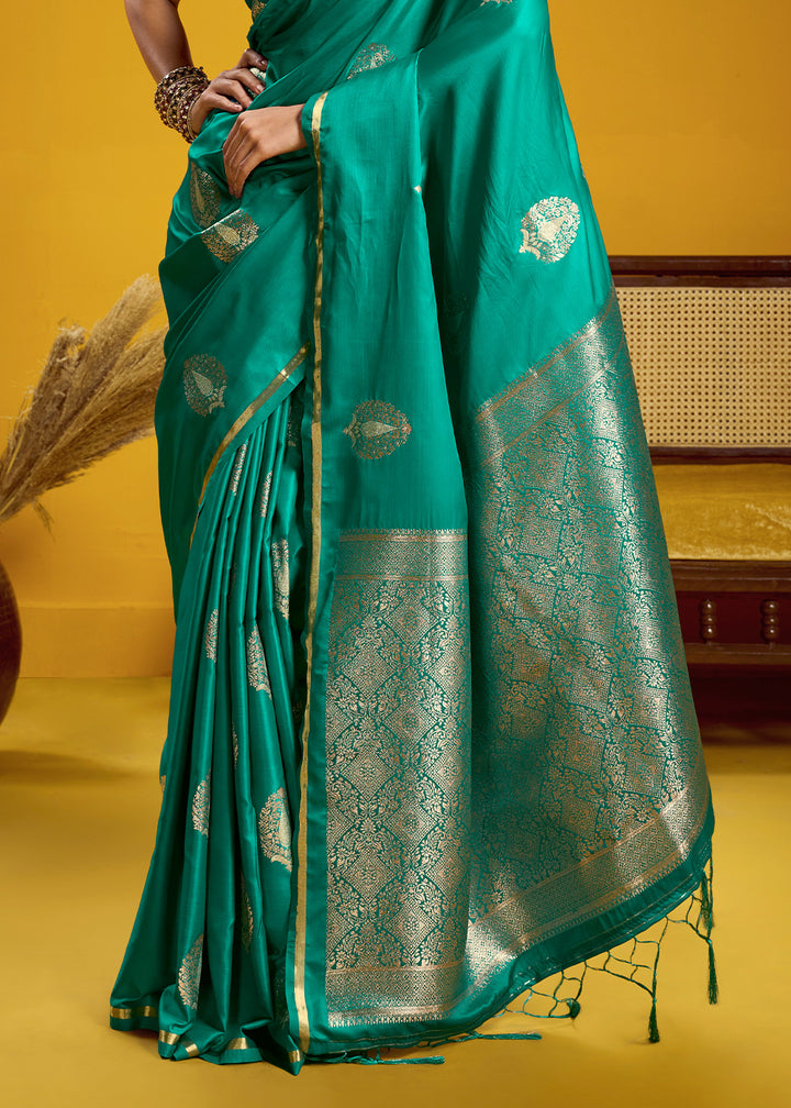 Sea Green Satin Handloom Weaving Saree with Blouse