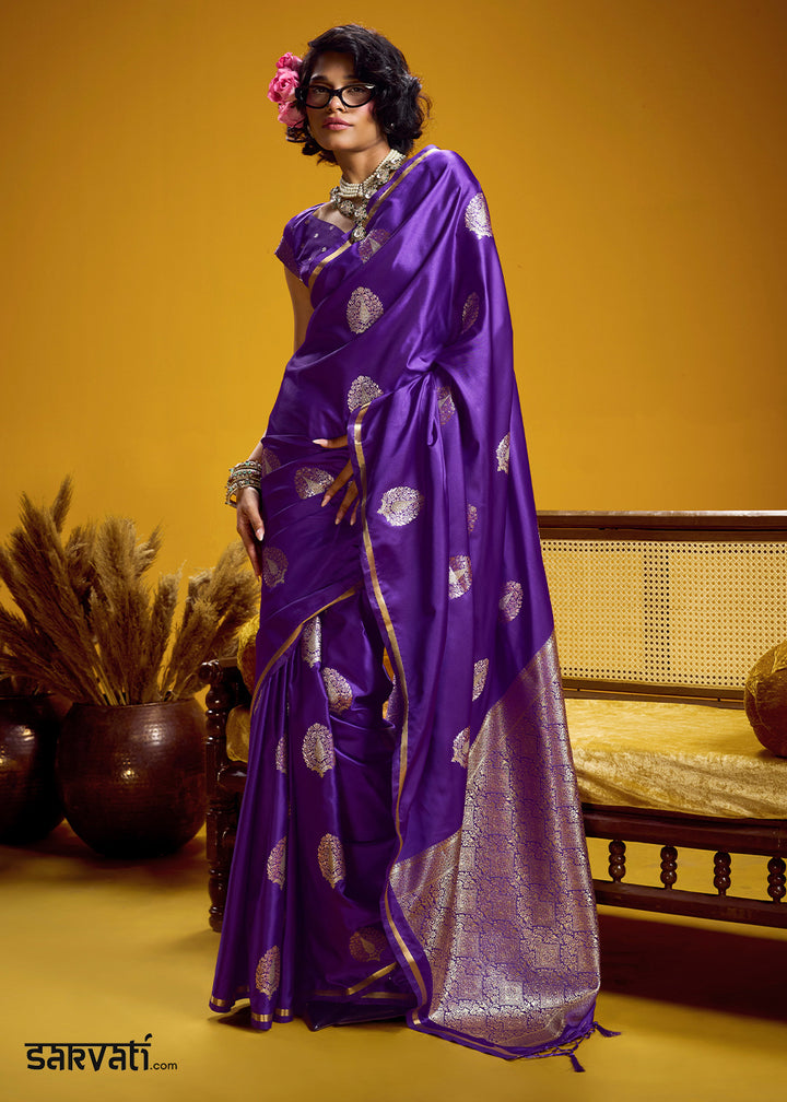 Royal Purple Satin Handloom Weaving Saree with Blouse