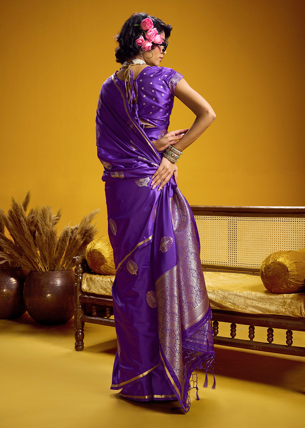 Royal Purple Satin Handloom Weaving Saree with Blouse