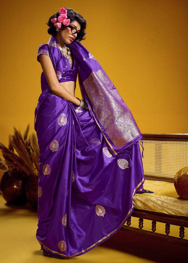 Royal Purple Satin Handloom Weaving Saree with Blouse