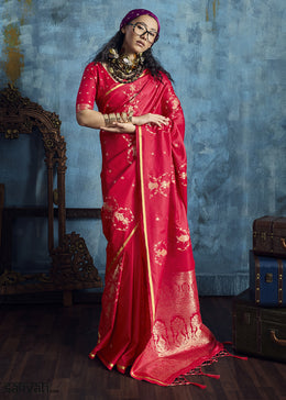 Rani Pink Satin Silk Saree with Zari Weaving