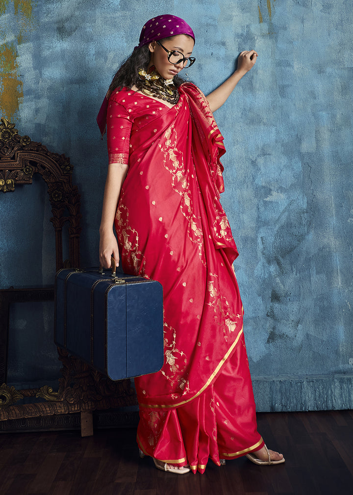 Rani Pink Satin Silk Saree with Zari Weaving