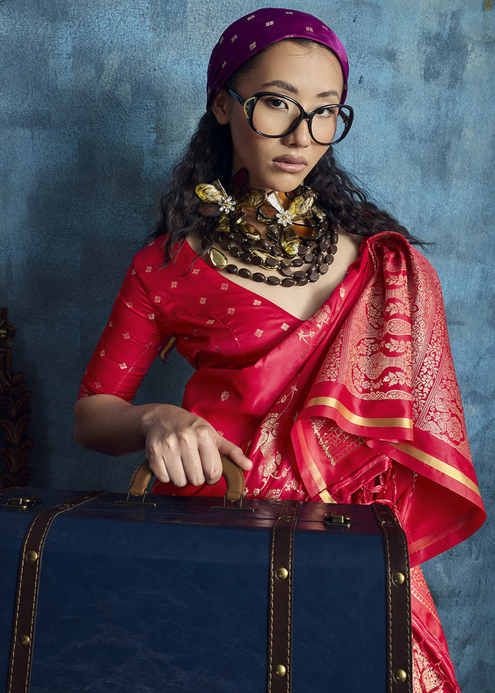 Rani Pink Satin Silk Saree with Zari Weaving