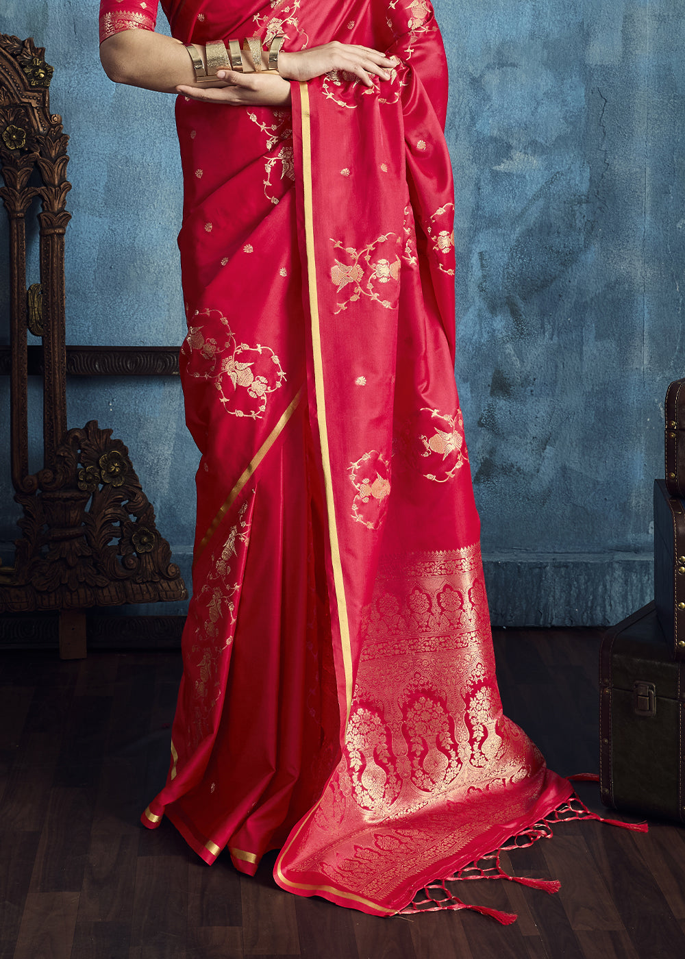 Rani Pink Satin Silk Saree with Zari Weaving