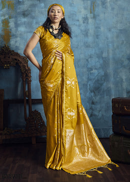 Mustard Yellow Satin Silk Saree with Zari Weaving