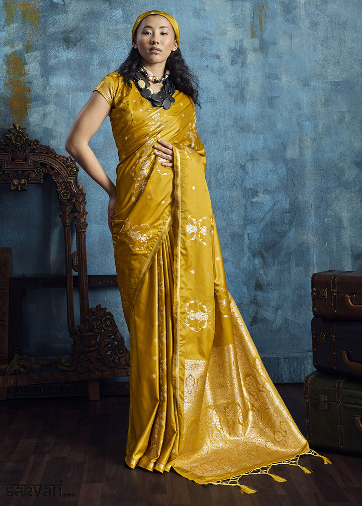 Mustard Yellow Satin Silk Saree with Zari Weaving