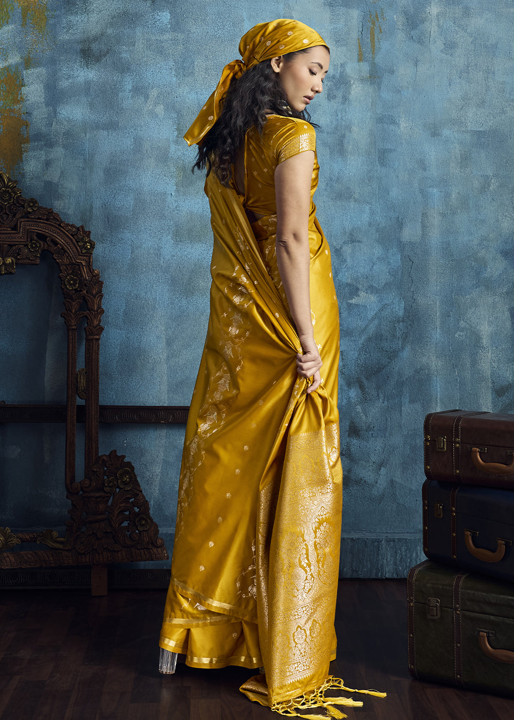 Mustard Yellow Satin Silk Saree with Zari Weaving