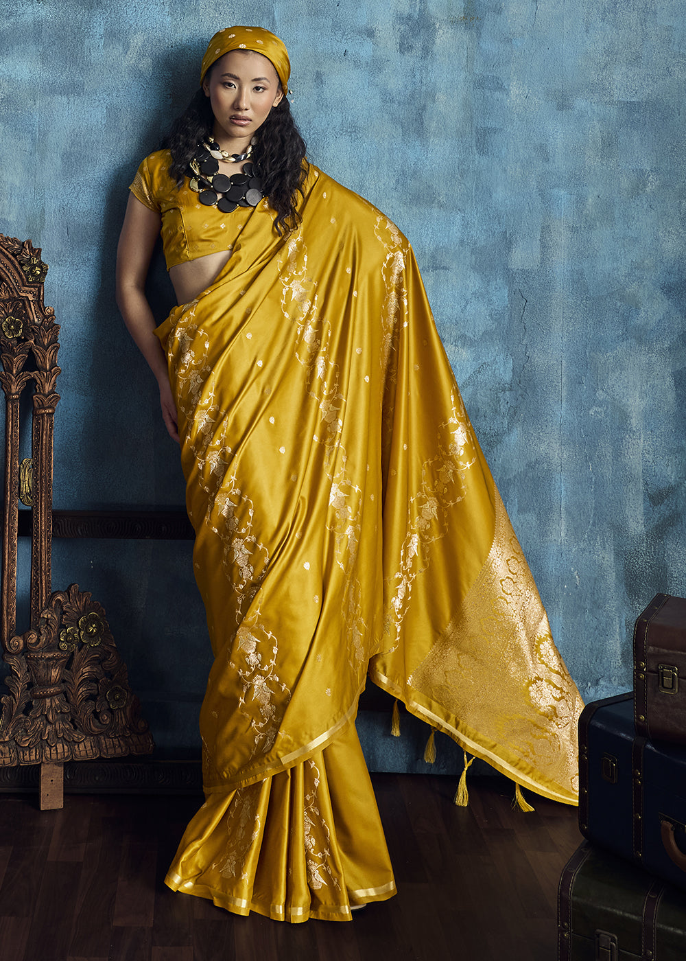 Mustard Yellow Satin Silk Saree with Zari Weaving