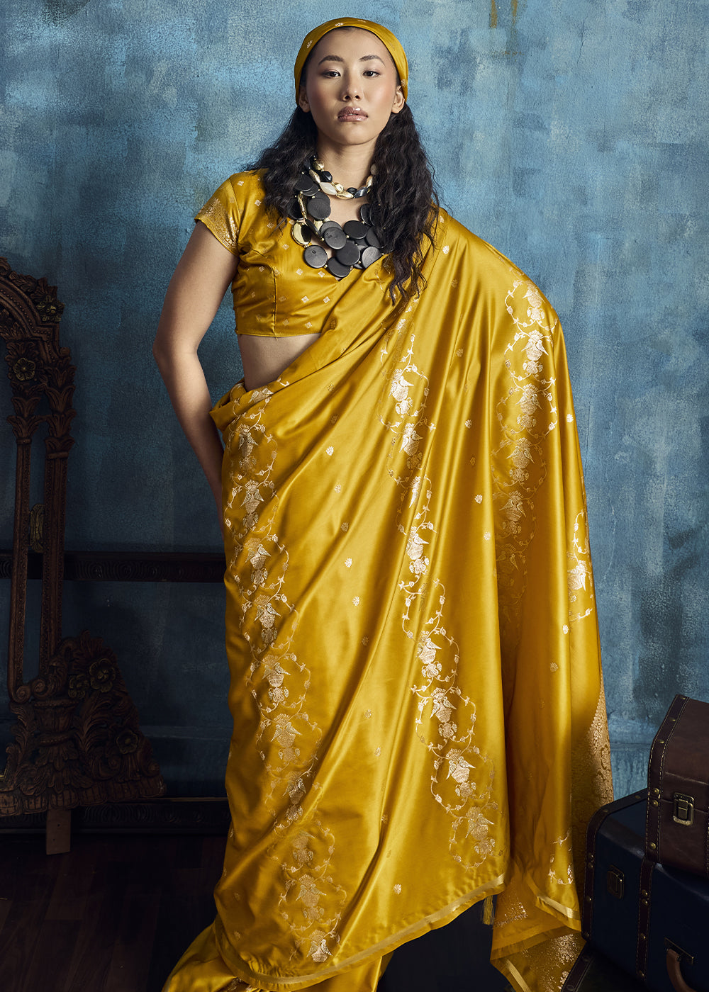Mustard Yellow Satin Silk Saree with Zari Weaving