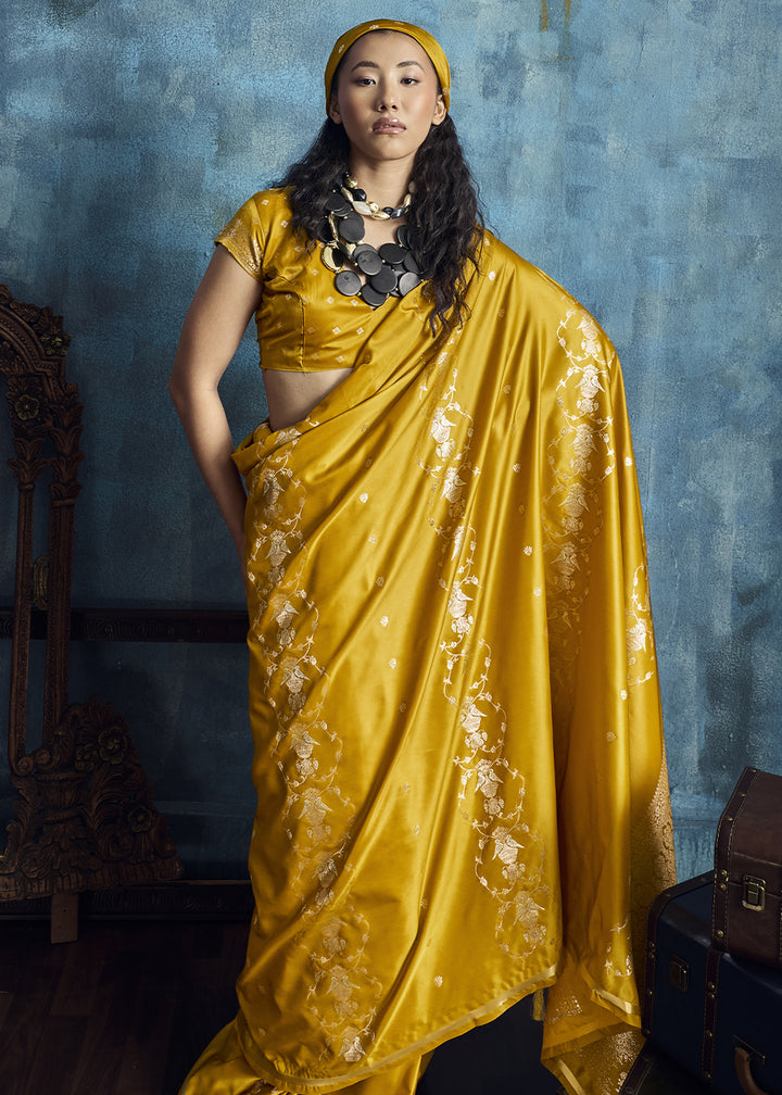 Mustard Yellow Satin Silk Saree with Zari Weaving