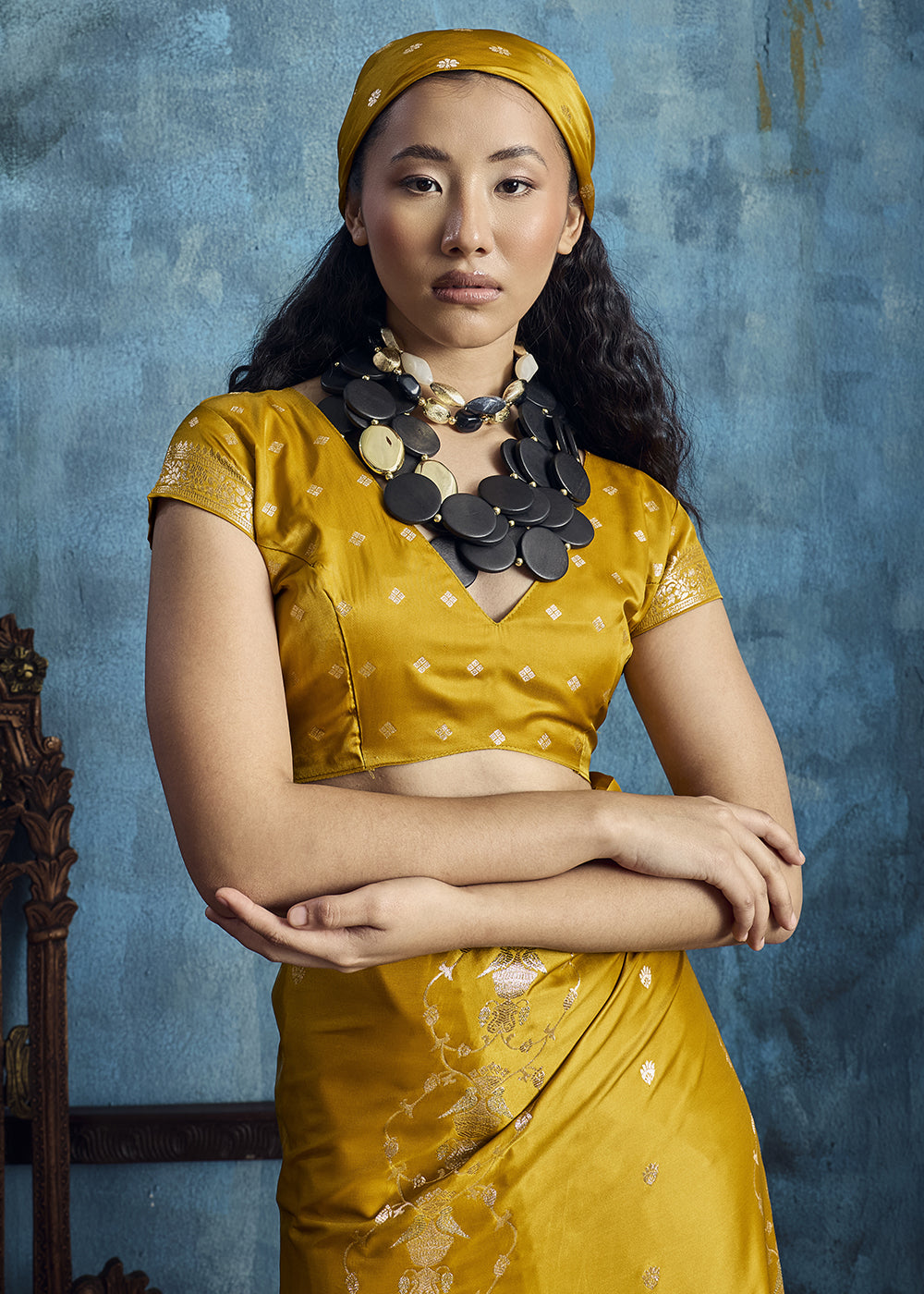 Mustard Yellow Satin Silk Saree with Zari Weaving