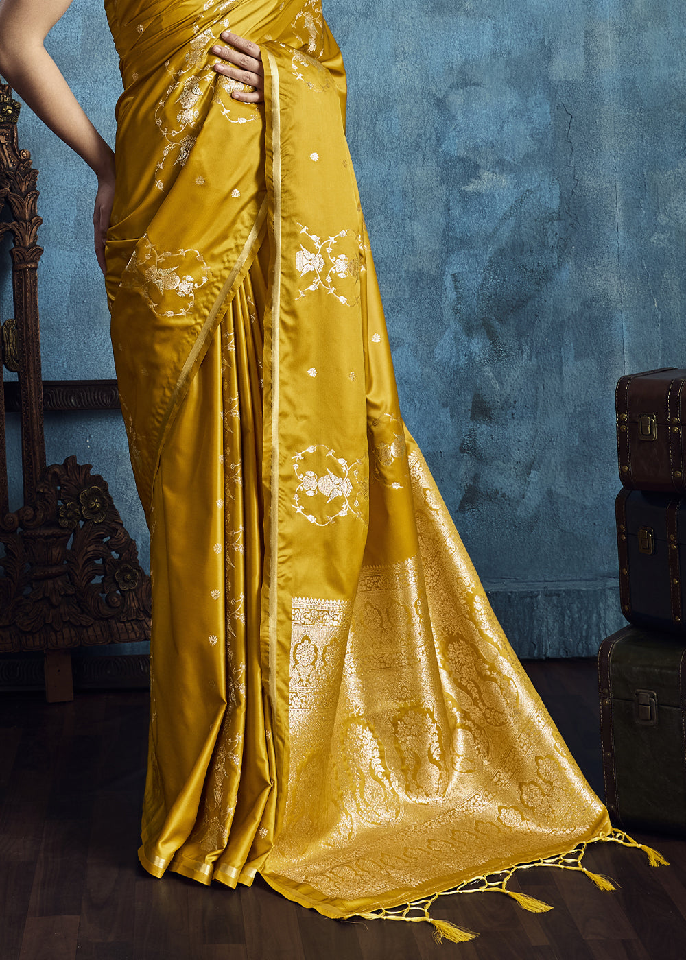 Mustard Yellow Satin Silk Saree with Zari Weaving